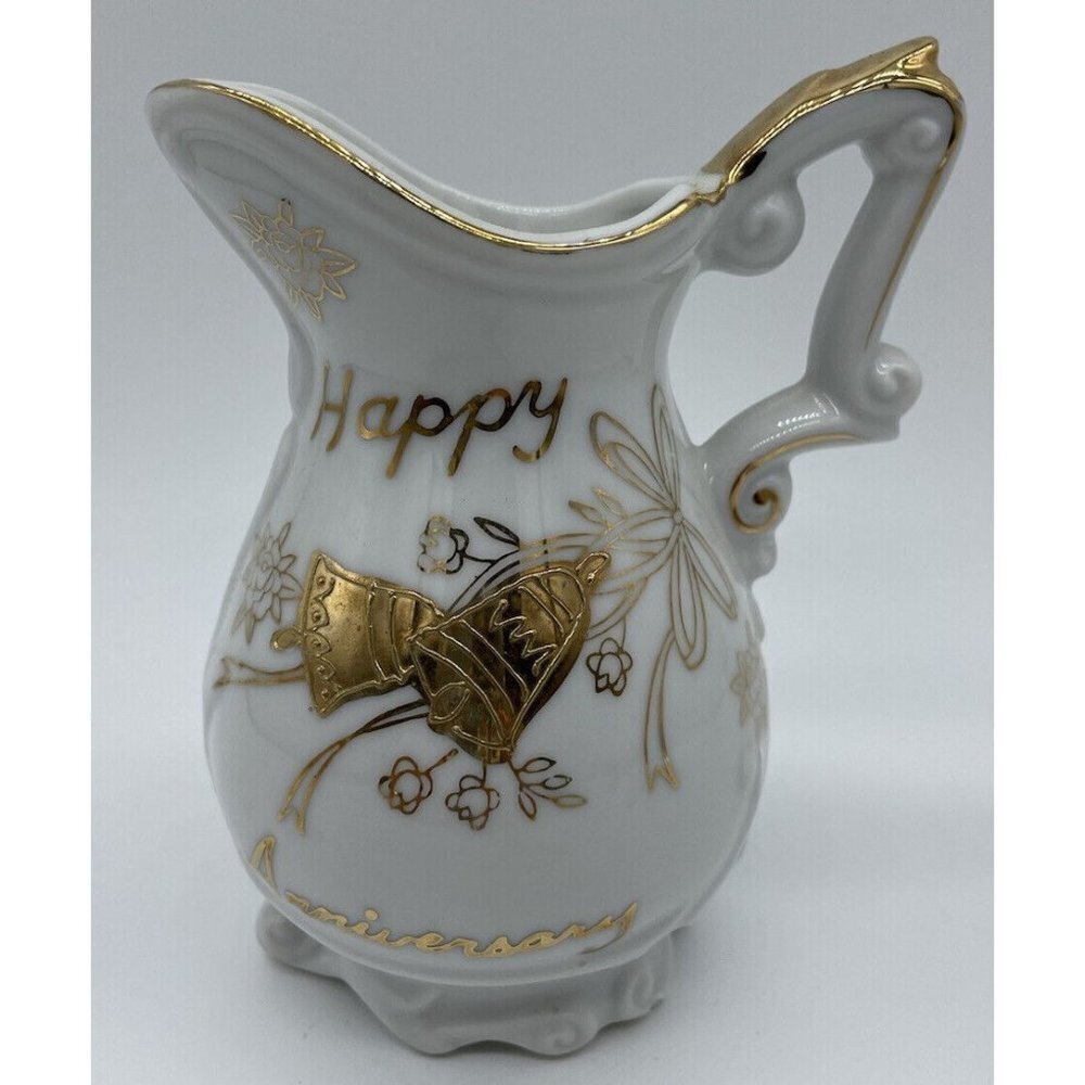 Vintage HAPPY ANNIVERSARY‎ Applied Gold Norleans gold lined Pitcher Japan